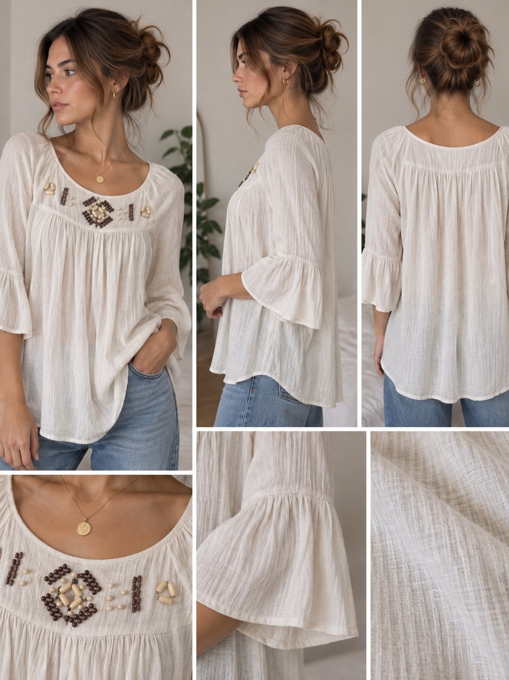 Zac & Rachel Cream Wooden Bead Embellished Peasant Blouse